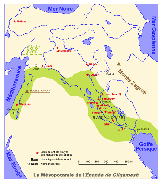 Carte du Proche Orient ancien de l’Épopée de Gilgamesh